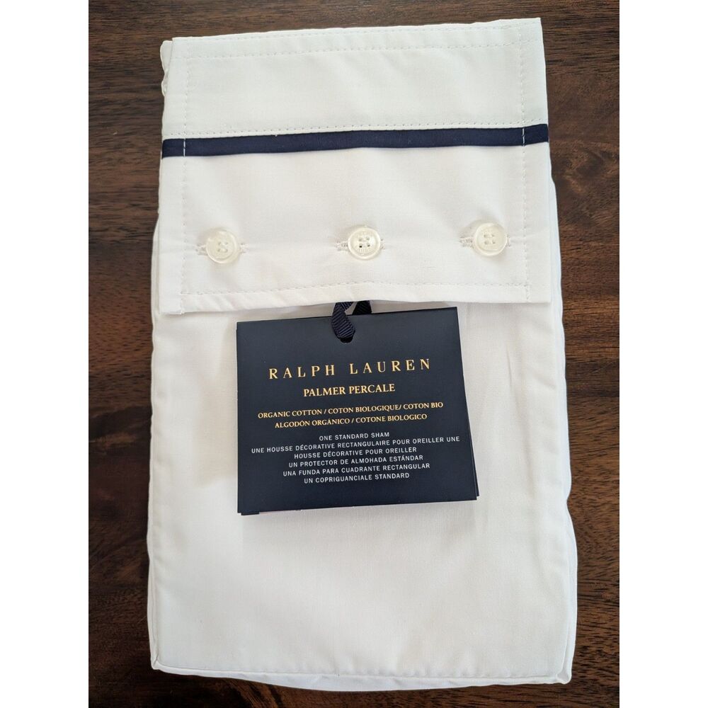 Ralph Lauren Palmer Percale Standard Sham Organic Cotton White Navy NWT